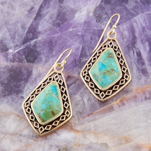 Dimond Blue Turquoise Stone Golden Drop Earrings detail view by Barse Jewelry