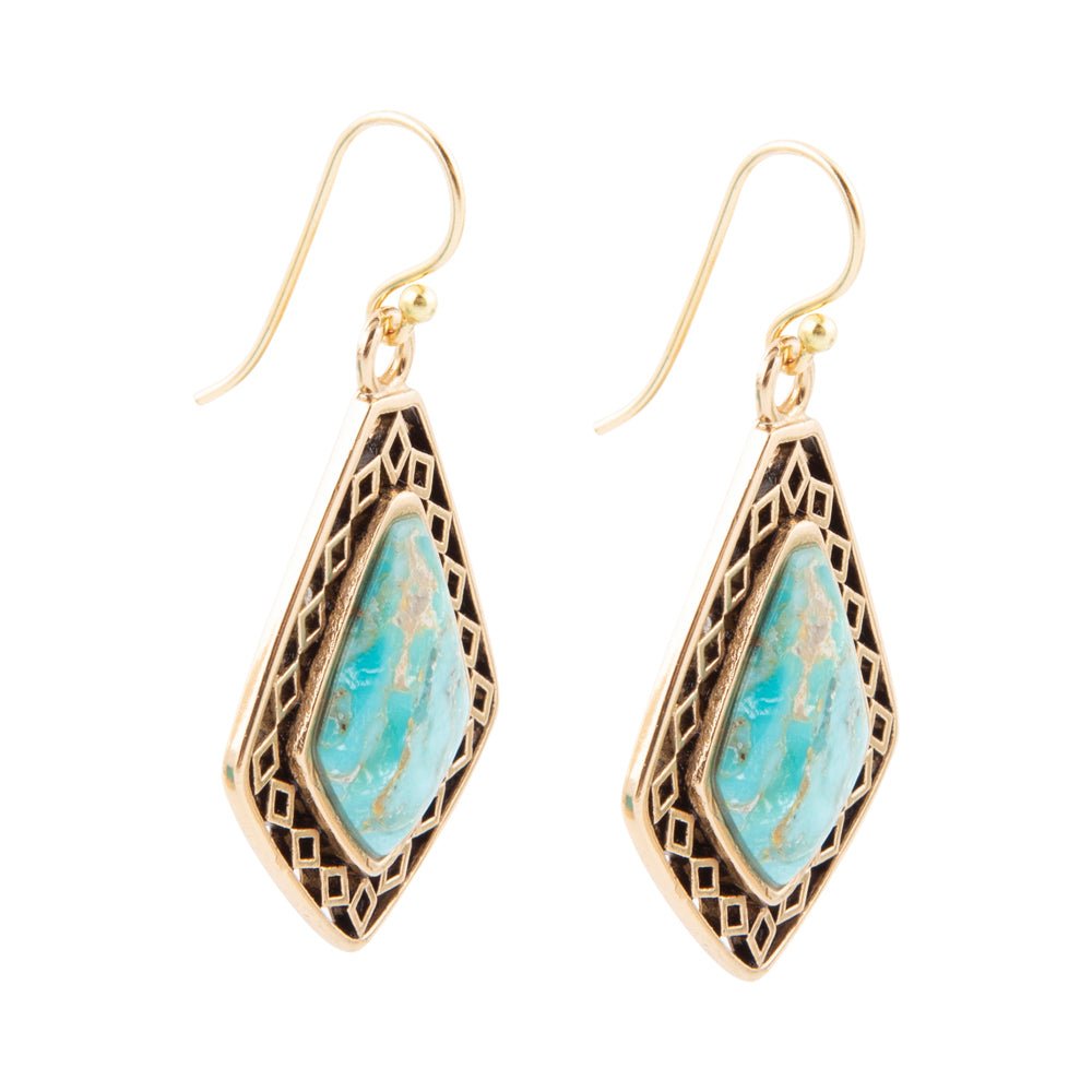 Dimond Blue Turquoise Stone Golden Drop Earrings detail view by Barse Jewelry