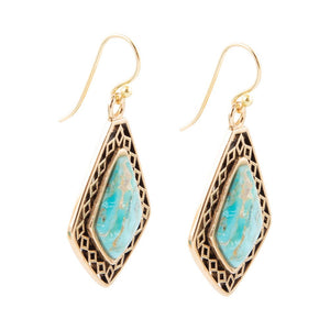 Dimond Blue Turquoise Stone Golden Drop Earrings detail view by Barse Jewelry