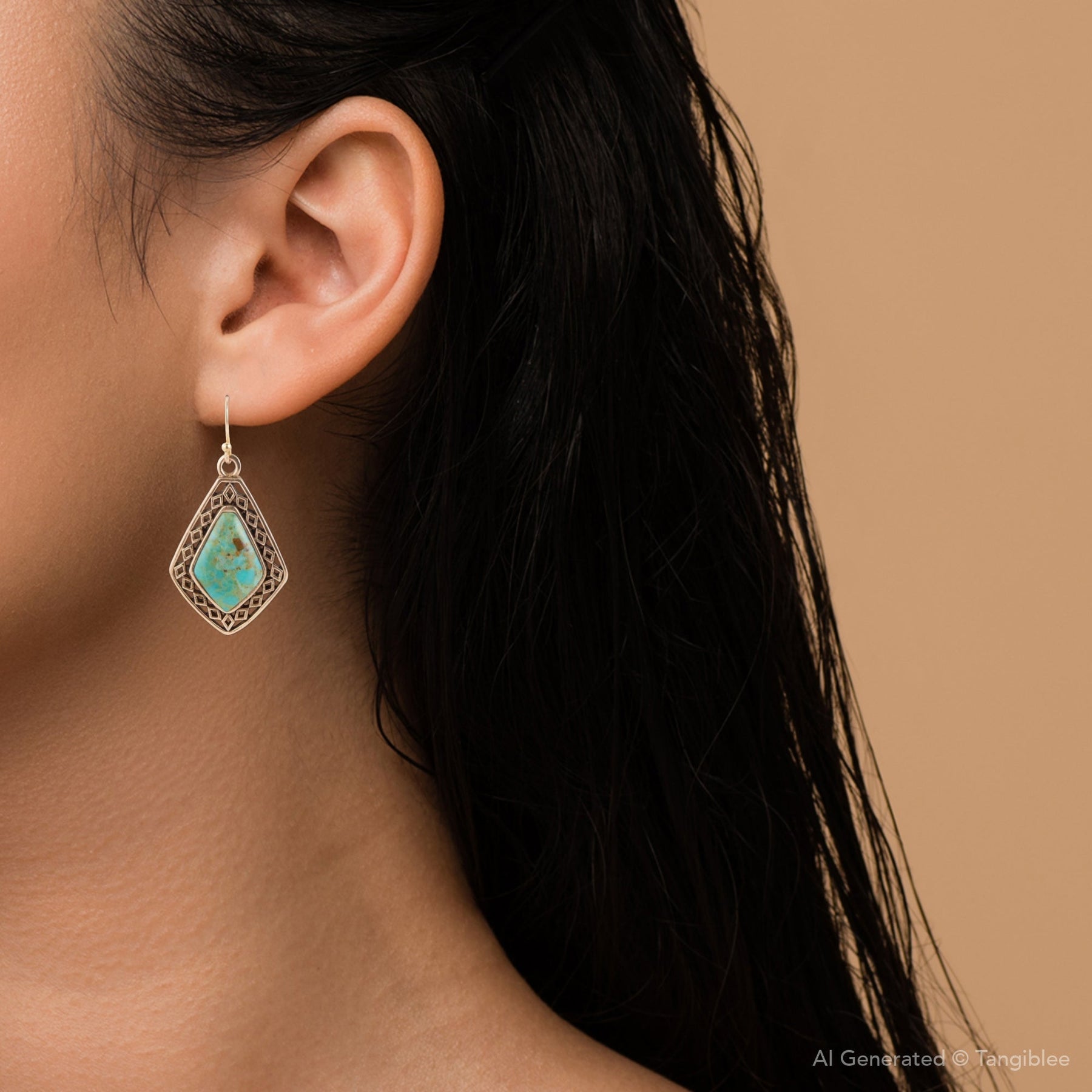 Dimond Blue Turquoise Stone Golden Drop Earrings detail view by Barse Jewelry