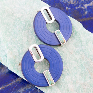 Discus Blue Turquoise and Leather Sterling Silver Earrings detail view by Barse Jewelry