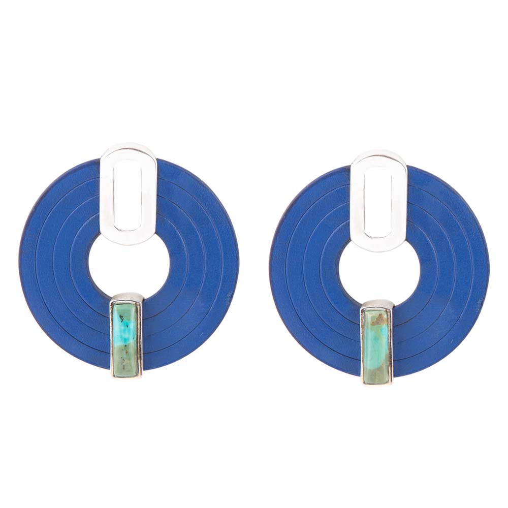 Discus Blue Turquoise and Leather Sterling Silver Earrings by Barse Jewelry