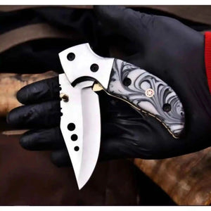 Marble Resin Folding Pocket Knife — Drop Point Blade, Brass Pivot, and Genuine Leather Sheath by JW SteelCrafts, leather knife sheath main product photo