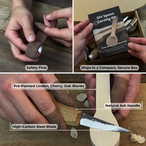 DIY 3-Piece Spoon Carving Kit for Beginners – Linden, Cherry & Oak Wood Blanks detail view by Sharky Forged Steel Tools