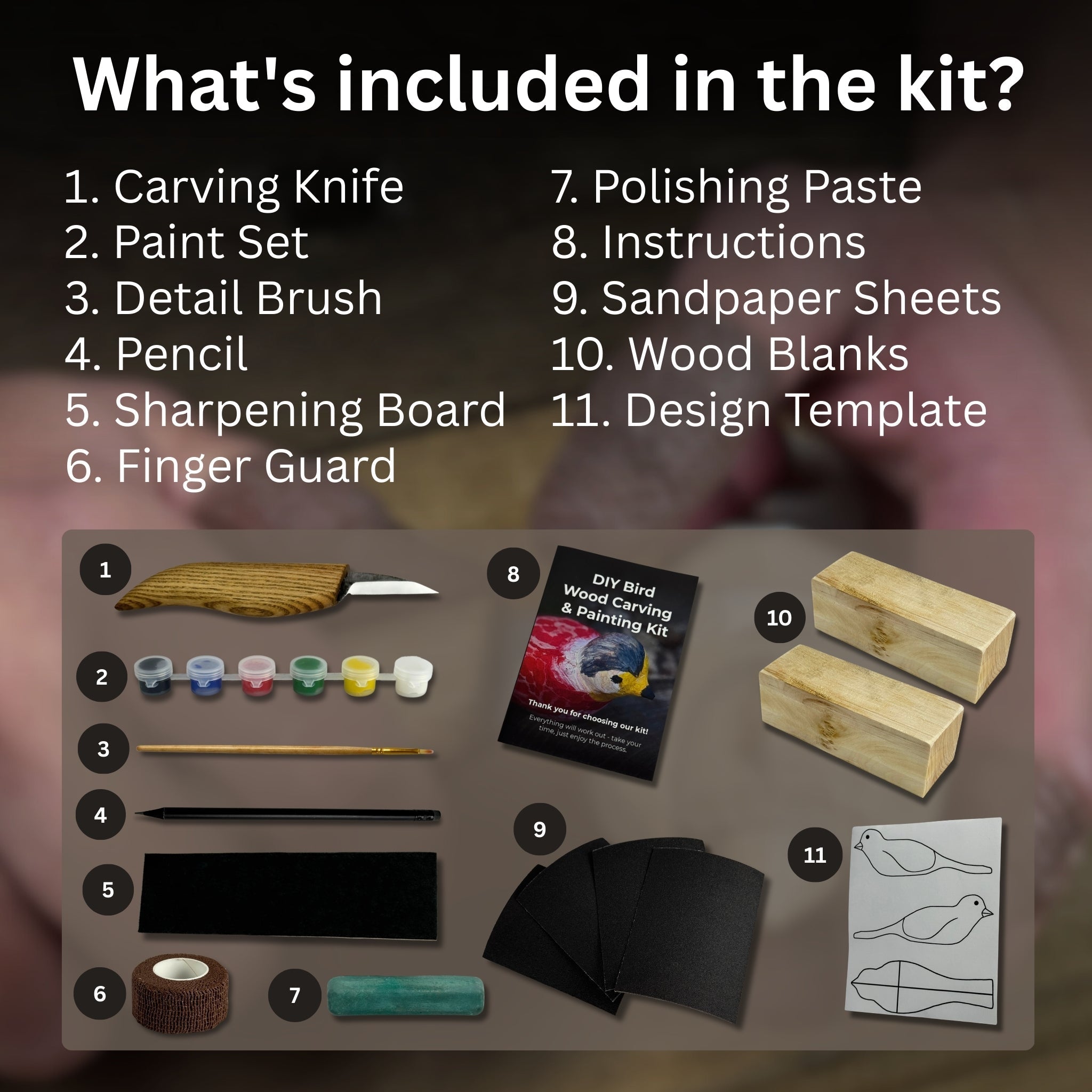 DIY Bird Wood Carving & Painting Kit detail view by Sharky Forged Steel Tools