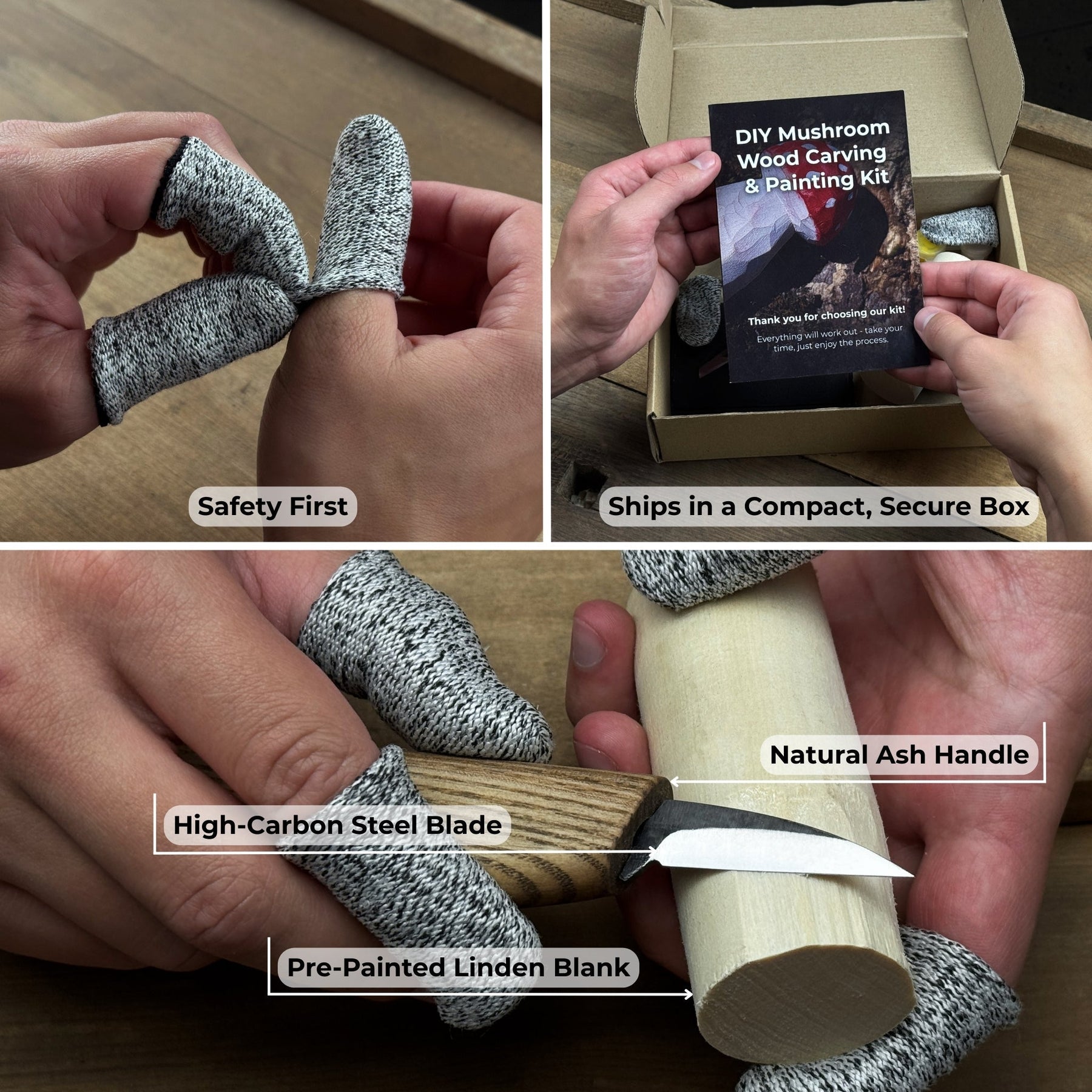 DIY Mushroom Wood Carving & Painting Kit detail view by Sharky Forged Steel Tools