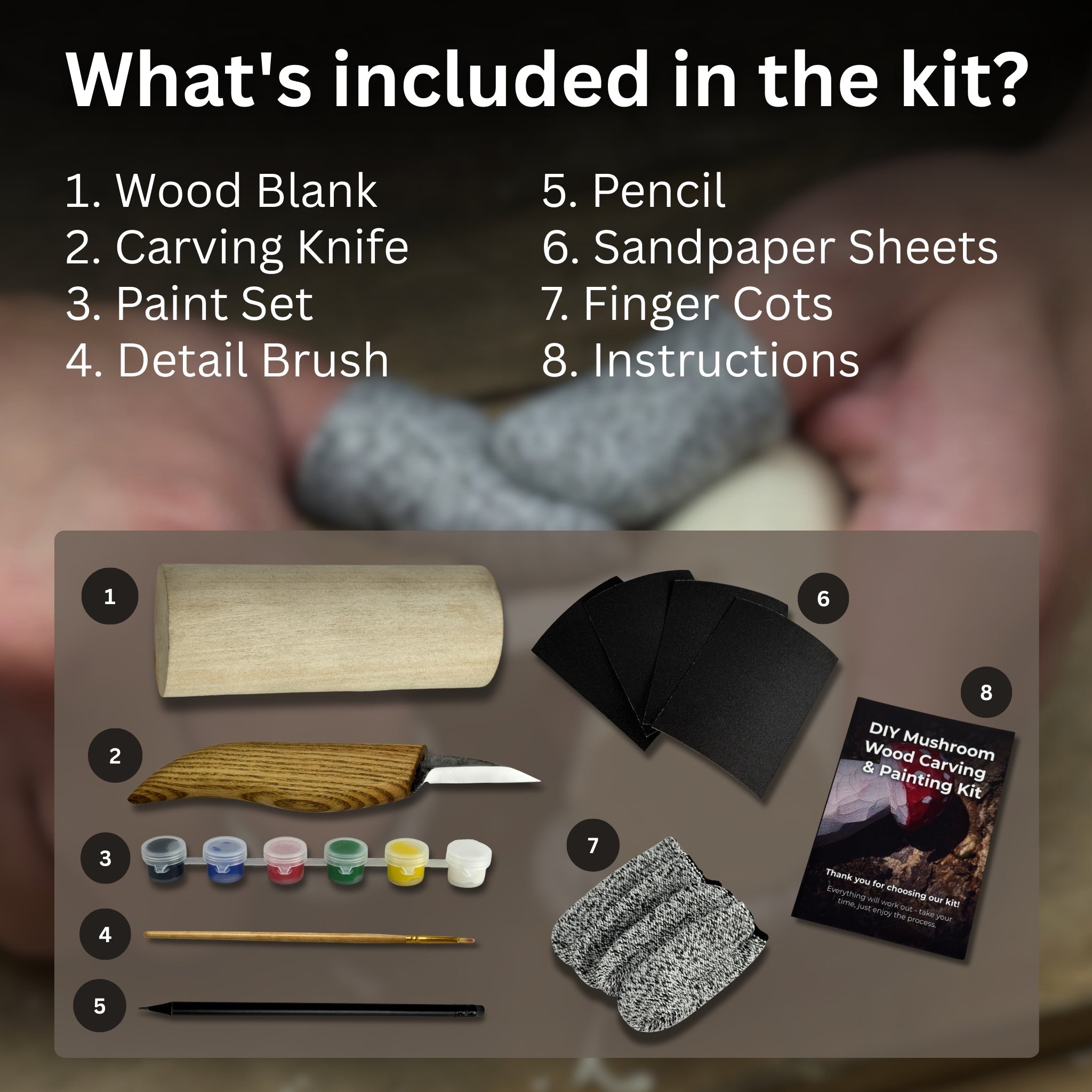 DIY Mushroom Wood Carving & Painting Kit detail view by Sharky Forged Steel Tools