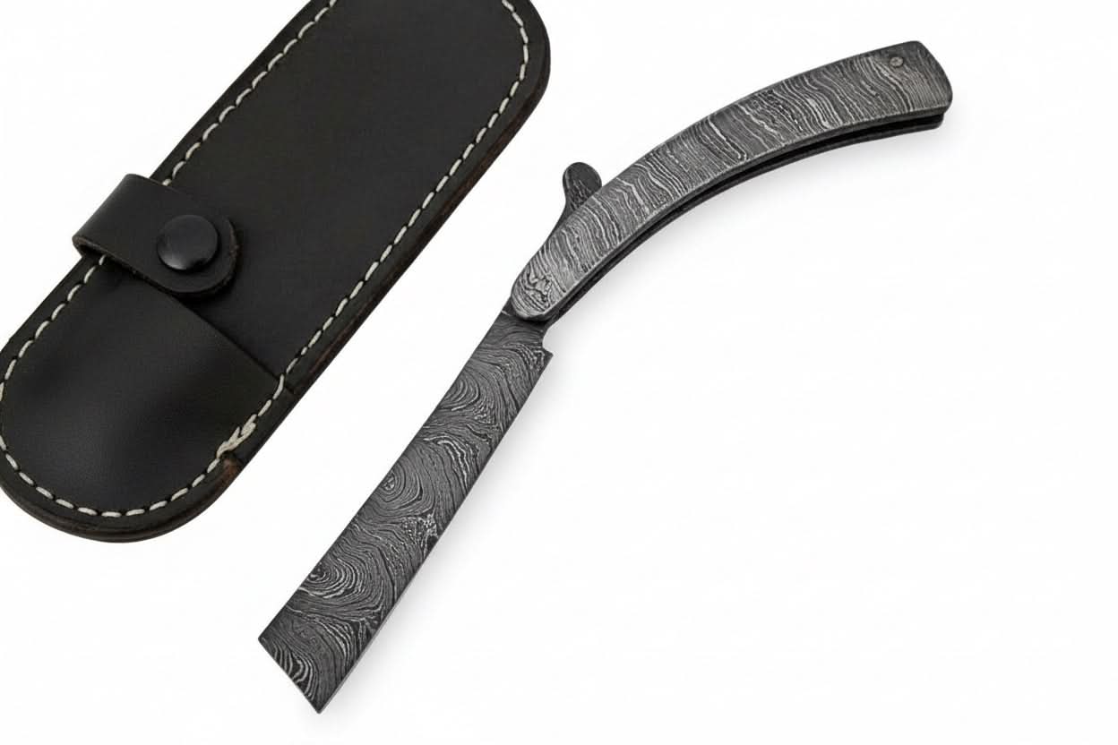 Handmade Damascus Steel Sweeney Todd Style Straight Razor Barber Folding Razor with Leather Sheath by JW SteelCrafts, leather knife sheath detail photo 3