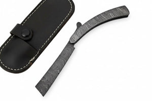 Handmade Damascus Steel Sweeney Todd Style Straight Razor Barber Folding Razor with Leather Sheath by JW SteelCrafts, leather knife sheath detail photo 3