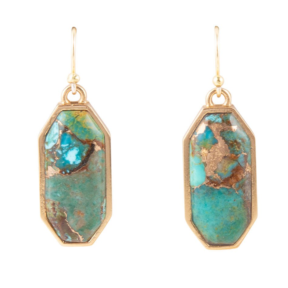 Dolce Teal Blue Turquoise Matrix Golden Drop Earrings by Barse Jewelry