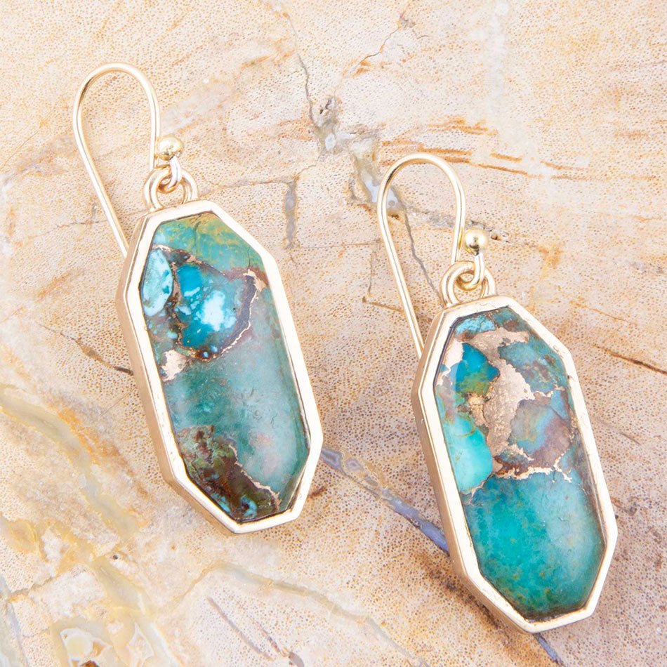 Dolce Teal Blue Turquoise Matrix Golden Drop Earrings detail view by Barse Jewelry