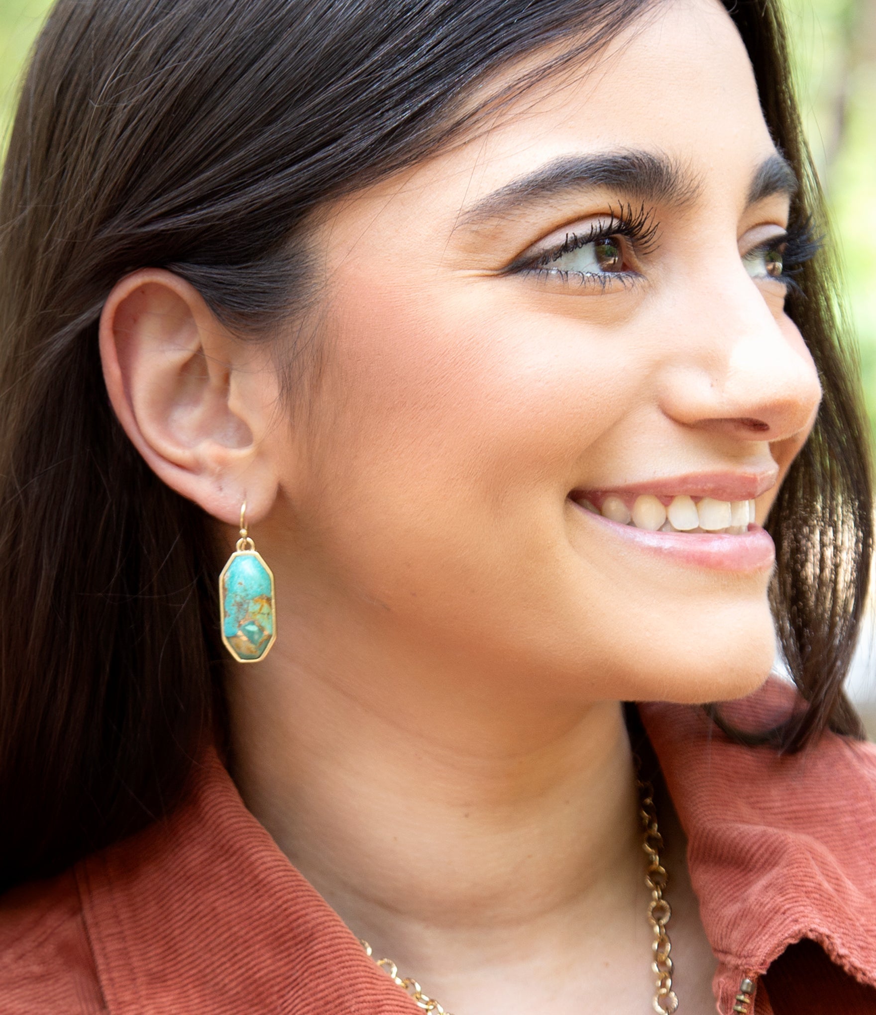 Dolce Teal Blue Turquoise Matrix Golden Drop Earrings detail view by Barse Jewelry