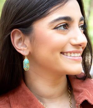 Dolce Teal Blue Turquoise Matrix Golden Drop Earrings detail view by Barse Jewelry