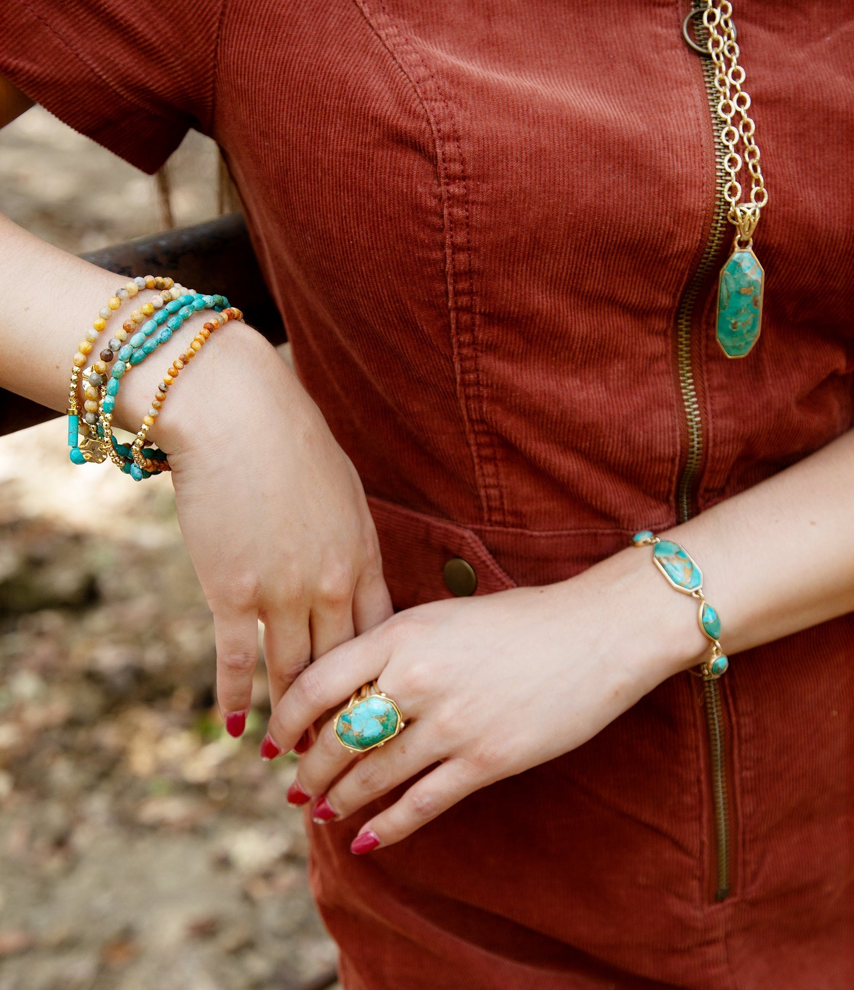 Dolce Blue Teal Turquoise Matrix and Golden Ring detail view by Barse Jewelry
