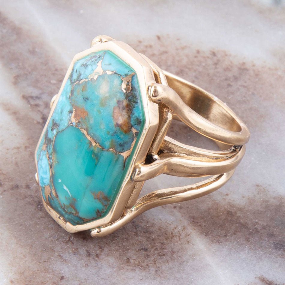 Dolce Blue Teal Turquoise Matrix and Golden Ring detail view by Barse Jewelry