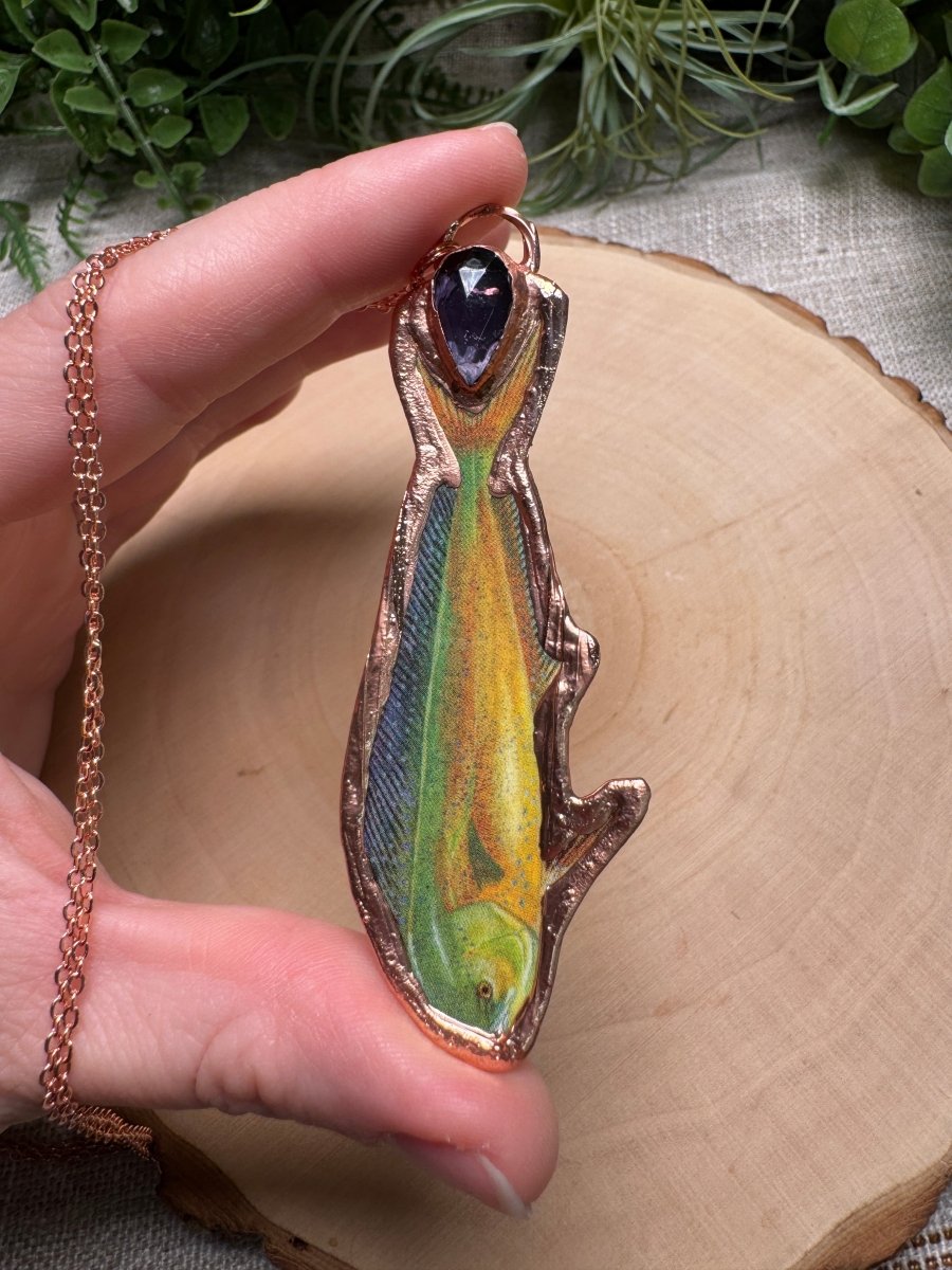 Dolphin and Amethyst Necklace detail view by Copper Ashes