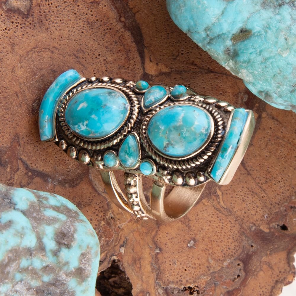 Double Blue Turquoise Golden Shield Ring detail view by Barse Jewelry