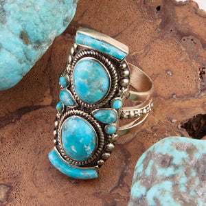 Double Blue Turquoise Golden Shield Ring detail view by Barse Jewelry