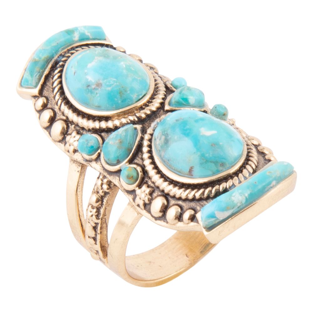 Double Blue Turquoise Golden Shield Ring by Barse Jewelry