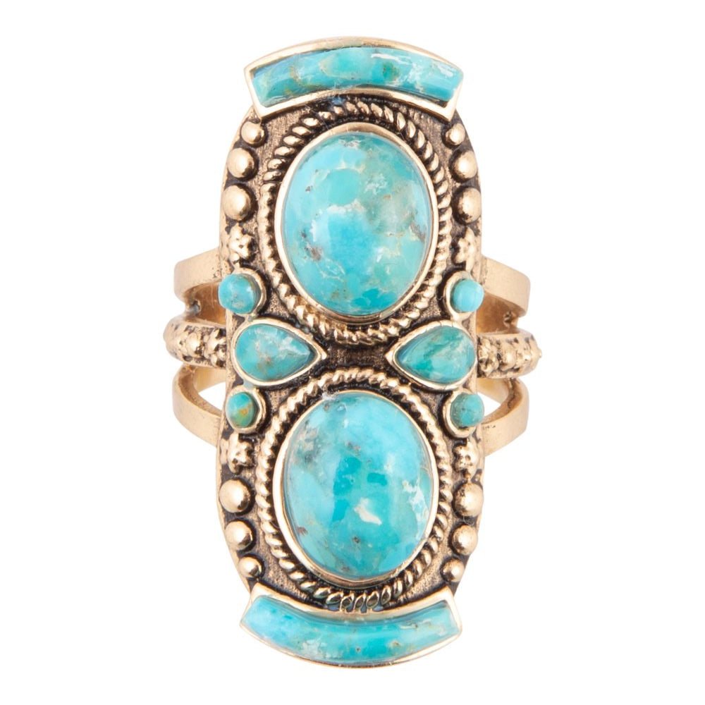 Double Blue Turquoise Golden Shield Ring detail view by Barse Jewelry