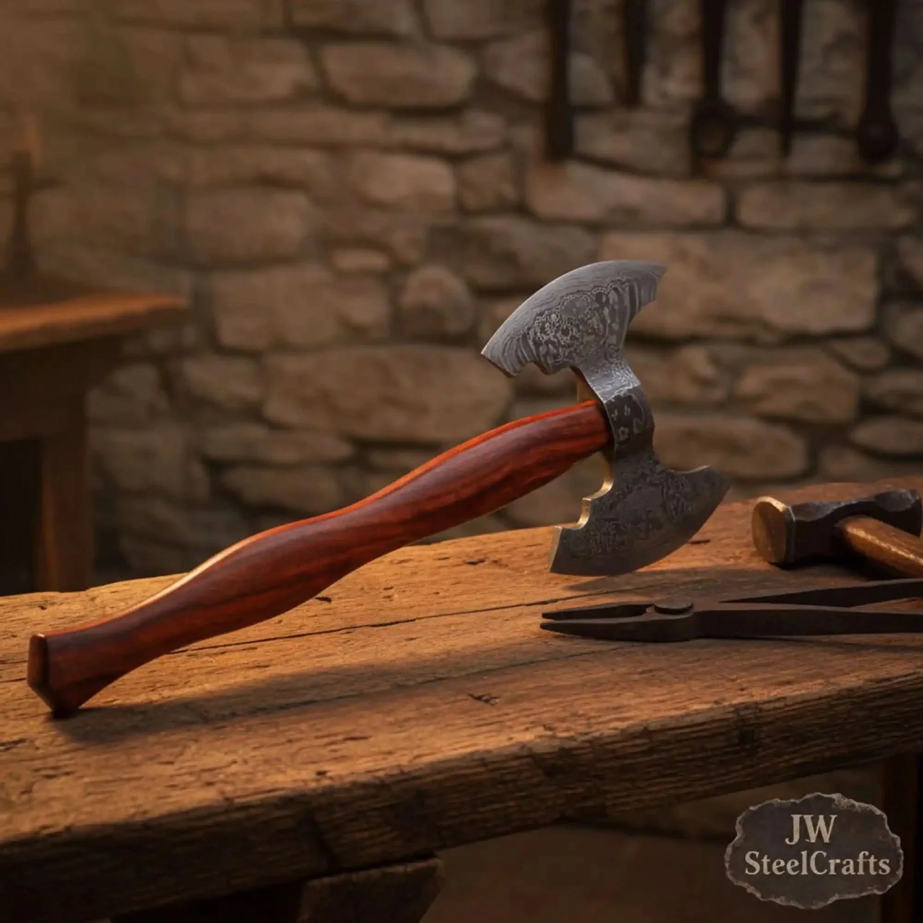 Handmade Viking Camp Axe, Broad Crescent Pattern-Welded Blade by JW SteelCrafts, scented candle detail photo 3