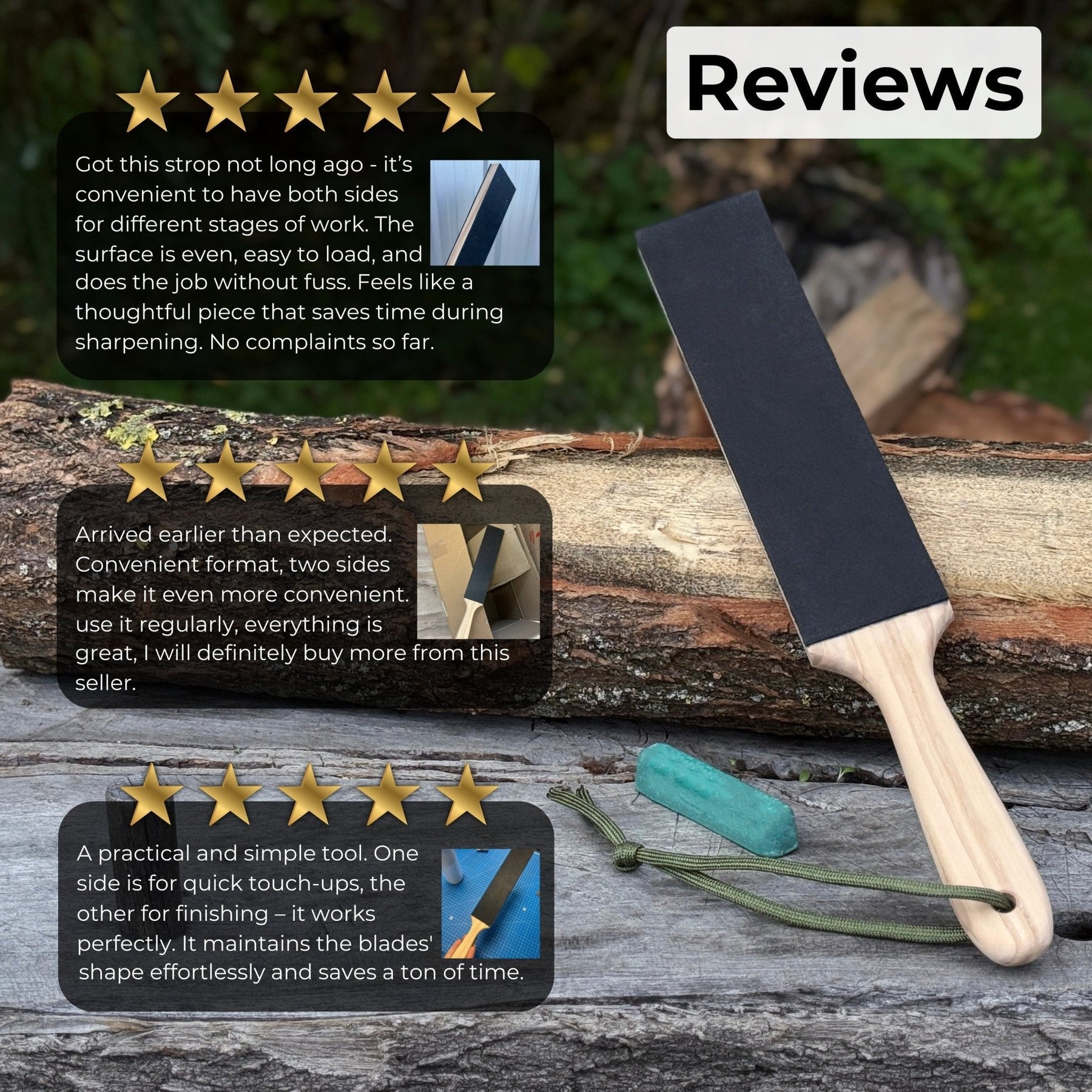 Double-Sided Leather Sharpening Strop with Polishing Paste detail view by Sharky Forged Steel Tools