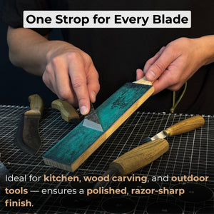 Double-Sided Leather Sharpening Strop with Polishing Paste detail view by Sharky Forged Steel Tools