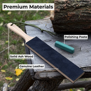 Double-Sided Leather Sharpening Strop with Polishing Paste detail view by Sharky Forged Steel Tools