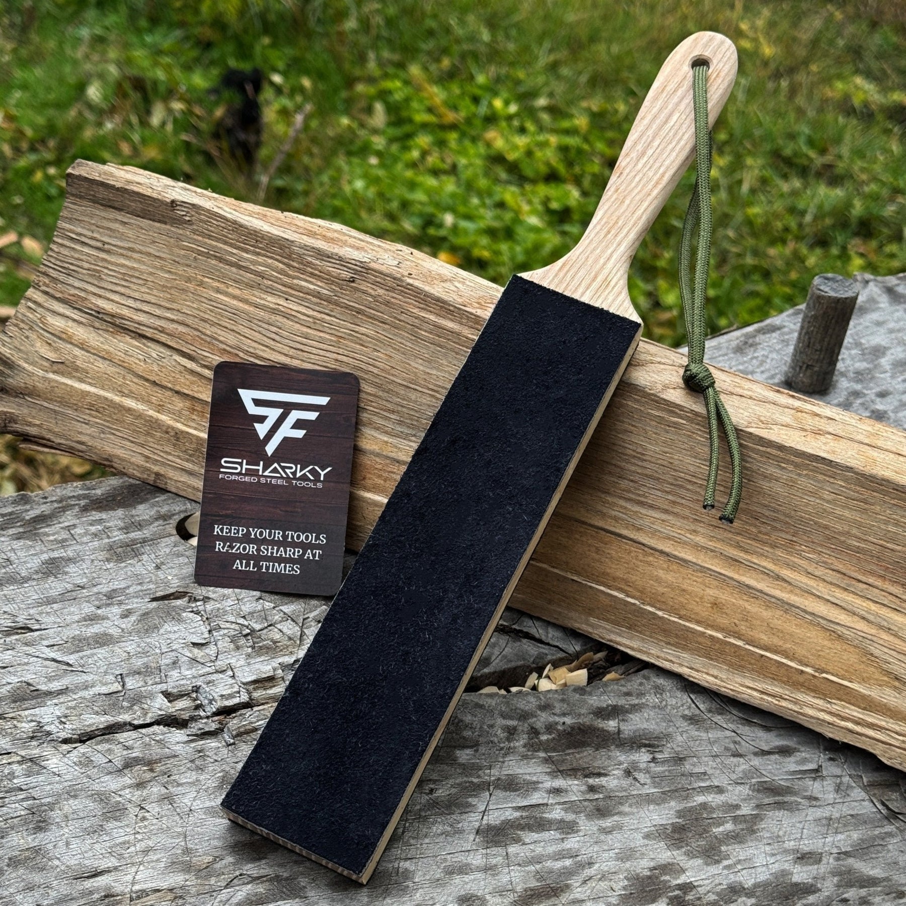 Double-Sided Leather Sharpening Strop with Polishing Paste detail view by Sharky Forged Steel Tools