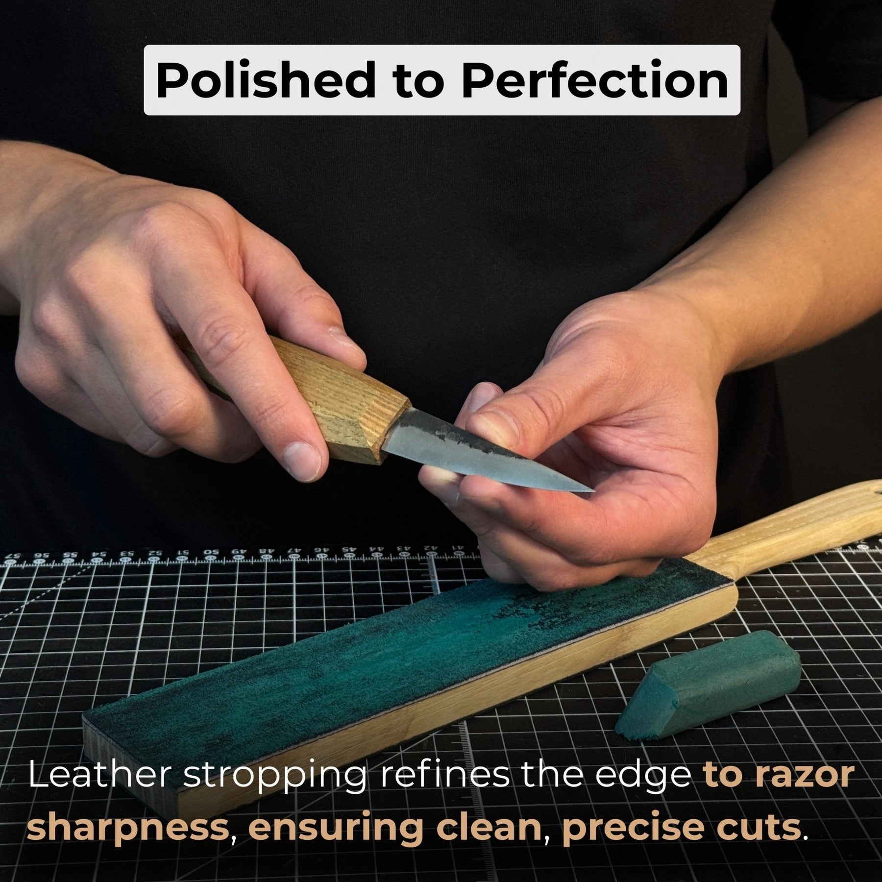Double-Sided Leather Sharpening Strop with Polishing Paste detail view by Sharky Forged Steel Tools