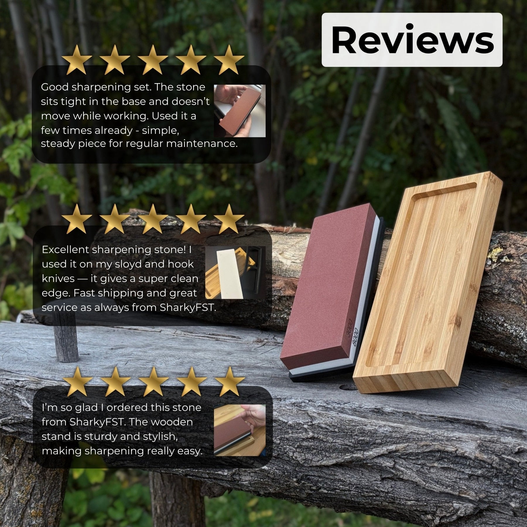 Double-Sided Sharpening Stone with Optional Wooden Stand – Grit #3000 / #8000 detail view by Sharky Forged Steel Tools