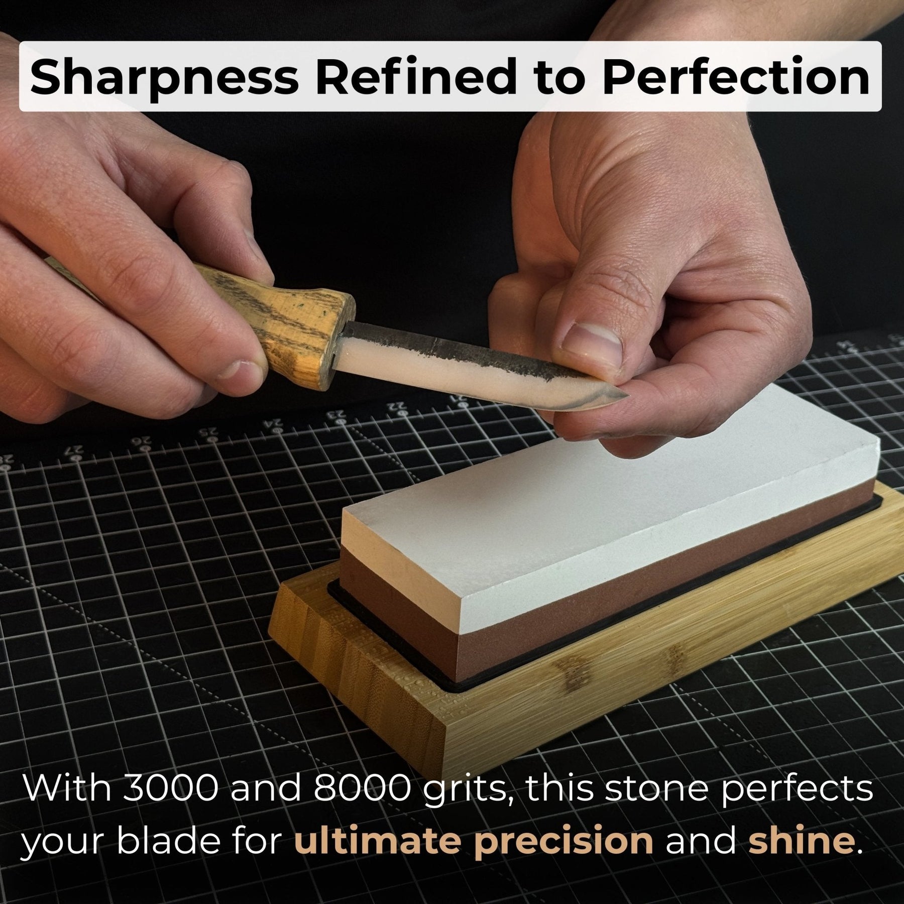 Double-Sided Sharpening Stone with Optional Wooden Stand – Grit #3000 / #8000 detail view by Sharky Forged Steel Tools