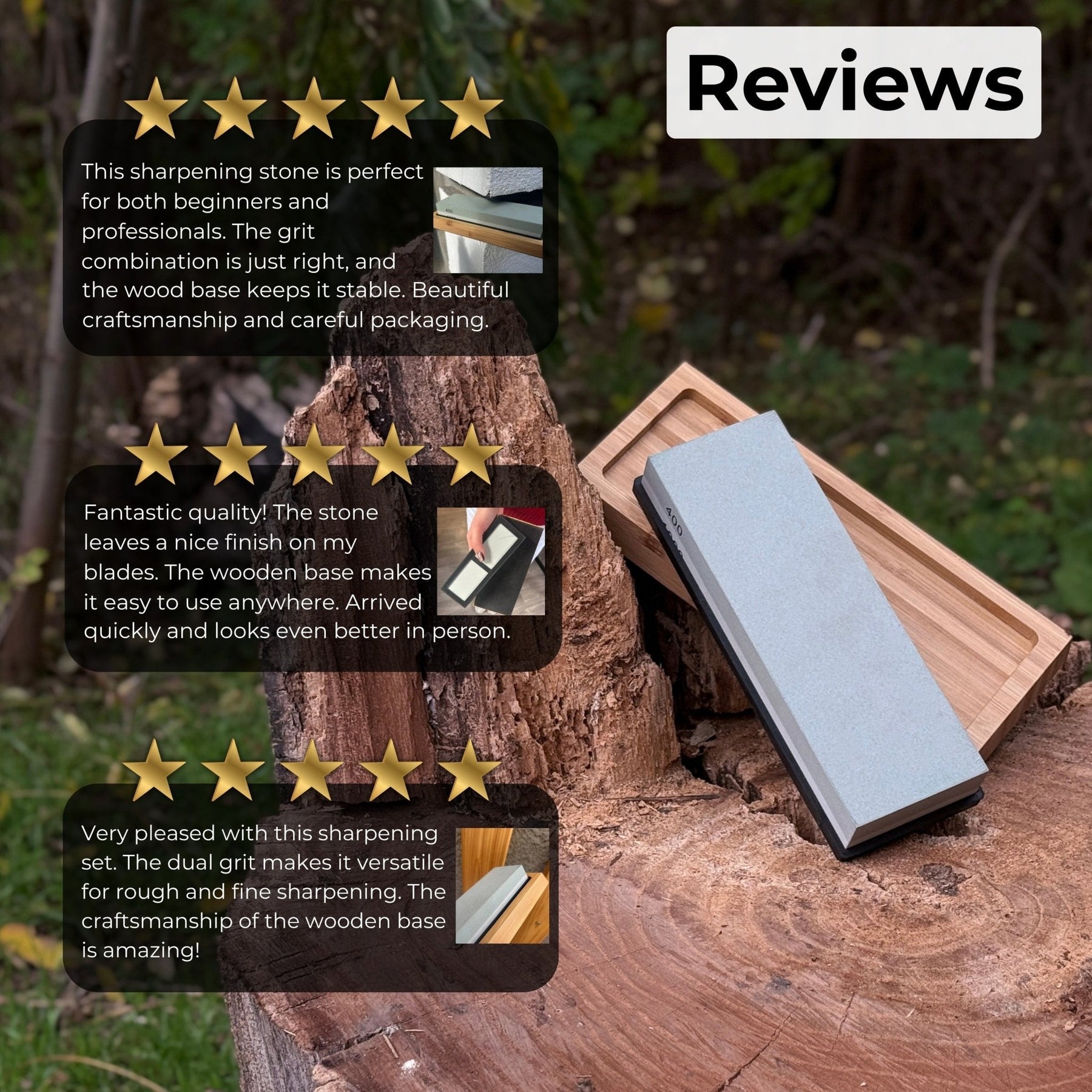 Double-Sided Sharpening Stone with Optional Wooden Stand – Grit #400 / #1000 detail view by Sharky Forged Steel Tools