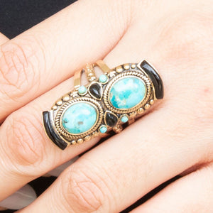 Double Up Blue Turquoise and Black Onyx Golden Ring detail view by Barse Jewelry