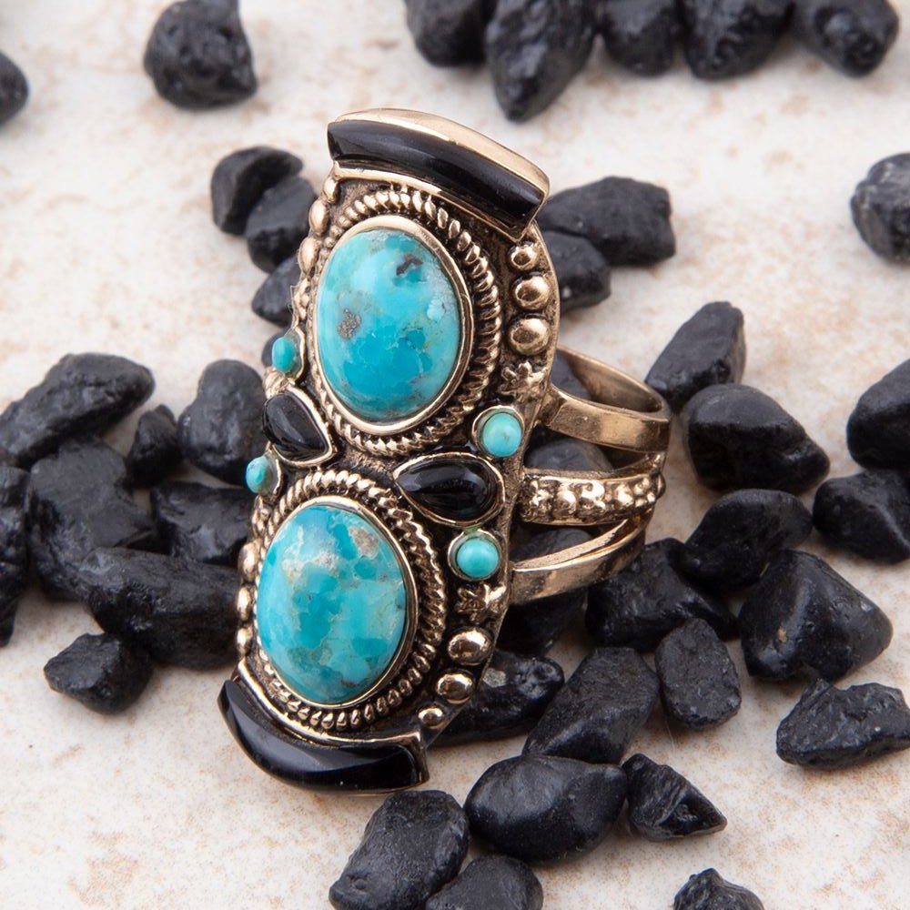 Double Up Blue Turquoise and Black Onyx Golden Ring detail view by Barse Jewelry