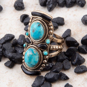 Double Up Blue Turquoise and Black Onyx Golden Ring detail view by Barse Jewelry