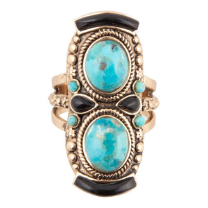 Double Up Blue Turquoise and Black Onyx Golden Ring detail view by Barse Jewelry