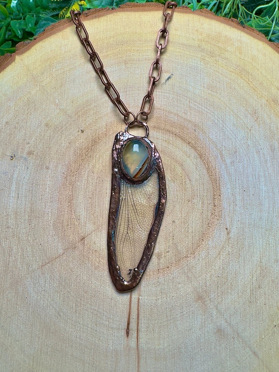 Dragonfly Wing and Agate Necklace by Copper Ashes