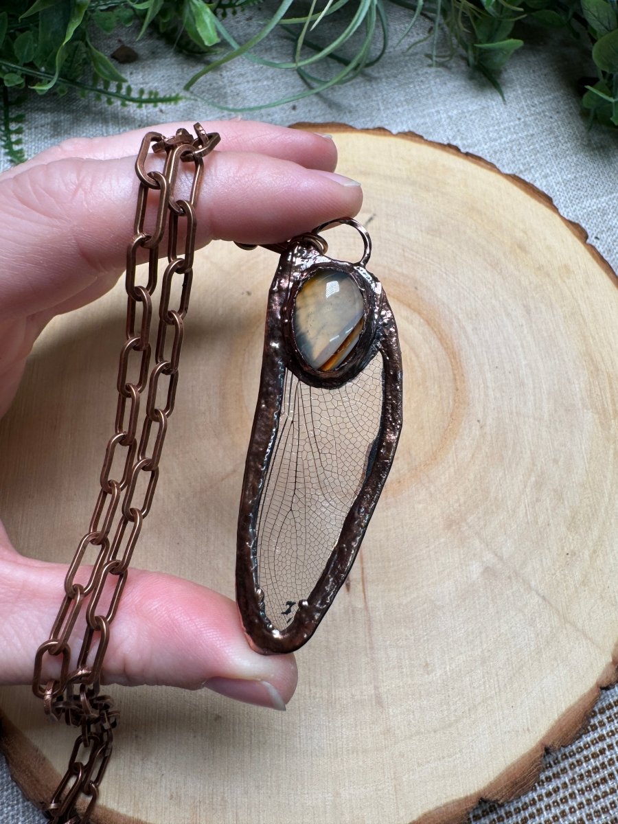 Dragonfly Wing and Agate Necklace detail view by Copper Ashes
