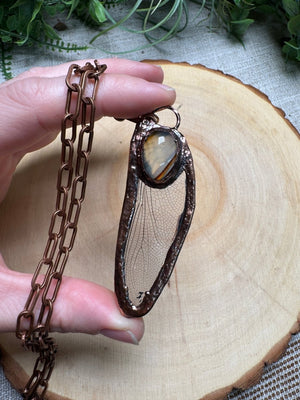 Dragonfly Wing and Agate Necklace detail view by Copper Ashes