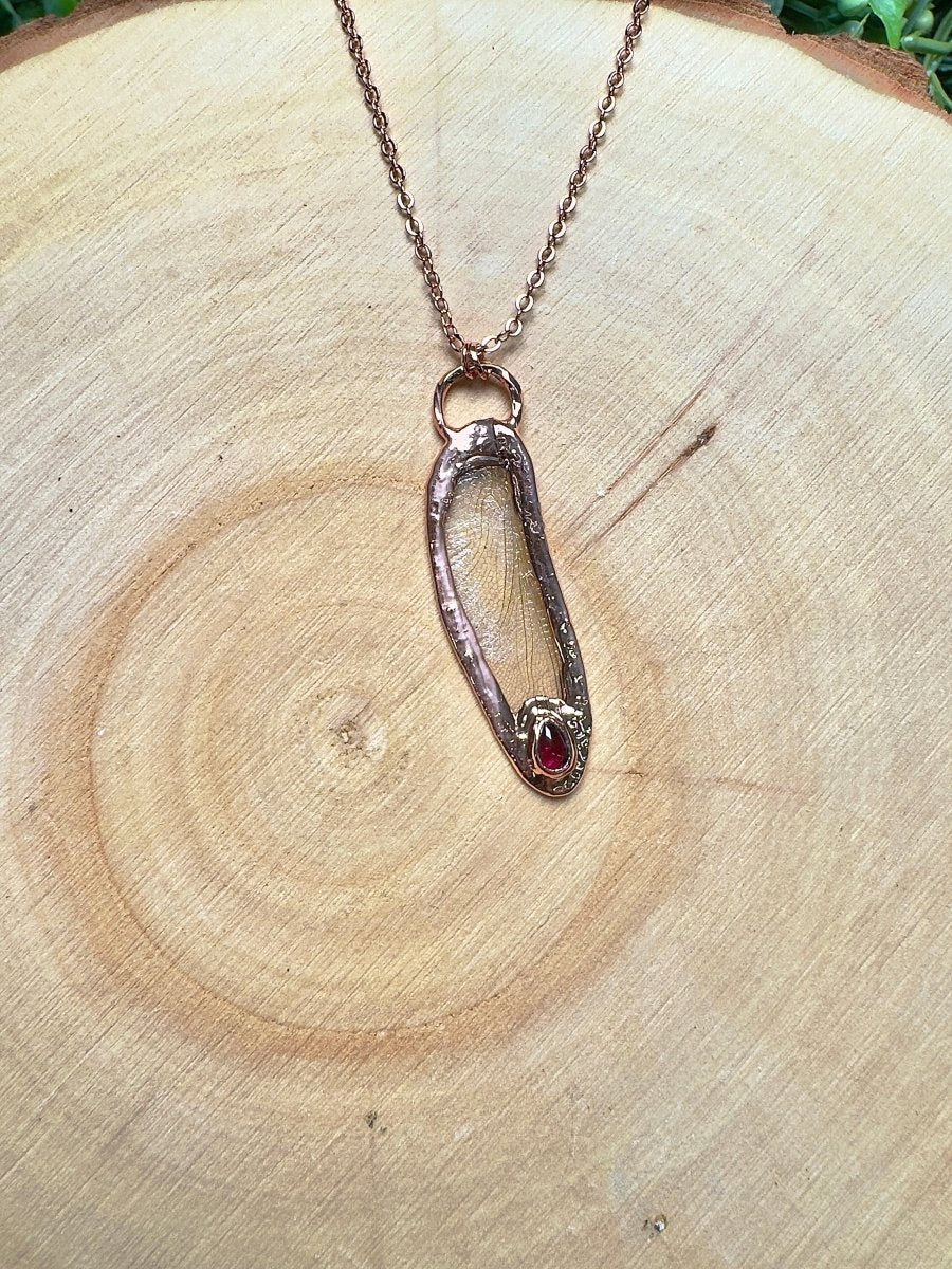Dragonfly Wing and Garnet Necklace by Copper Ashes