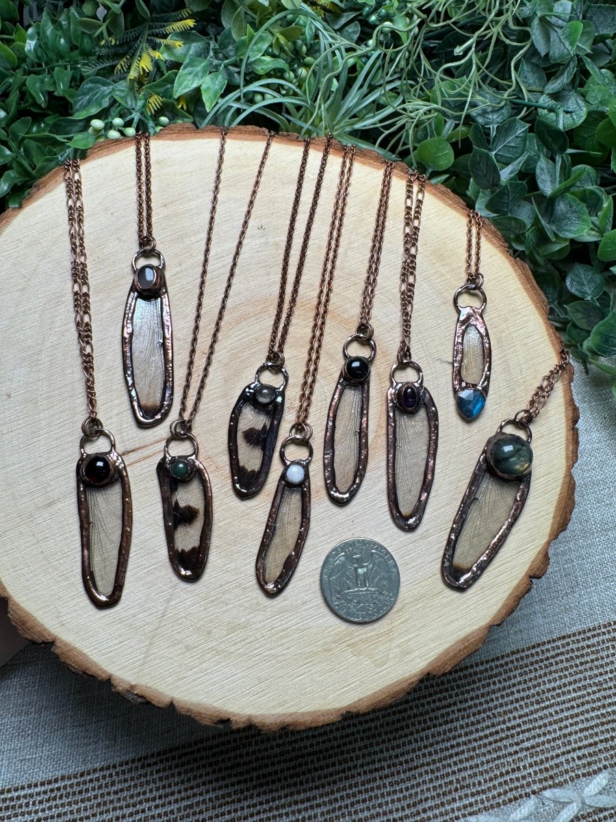 Dragonfly Wing and Obsidian Necklace detail view by Copper Ashes