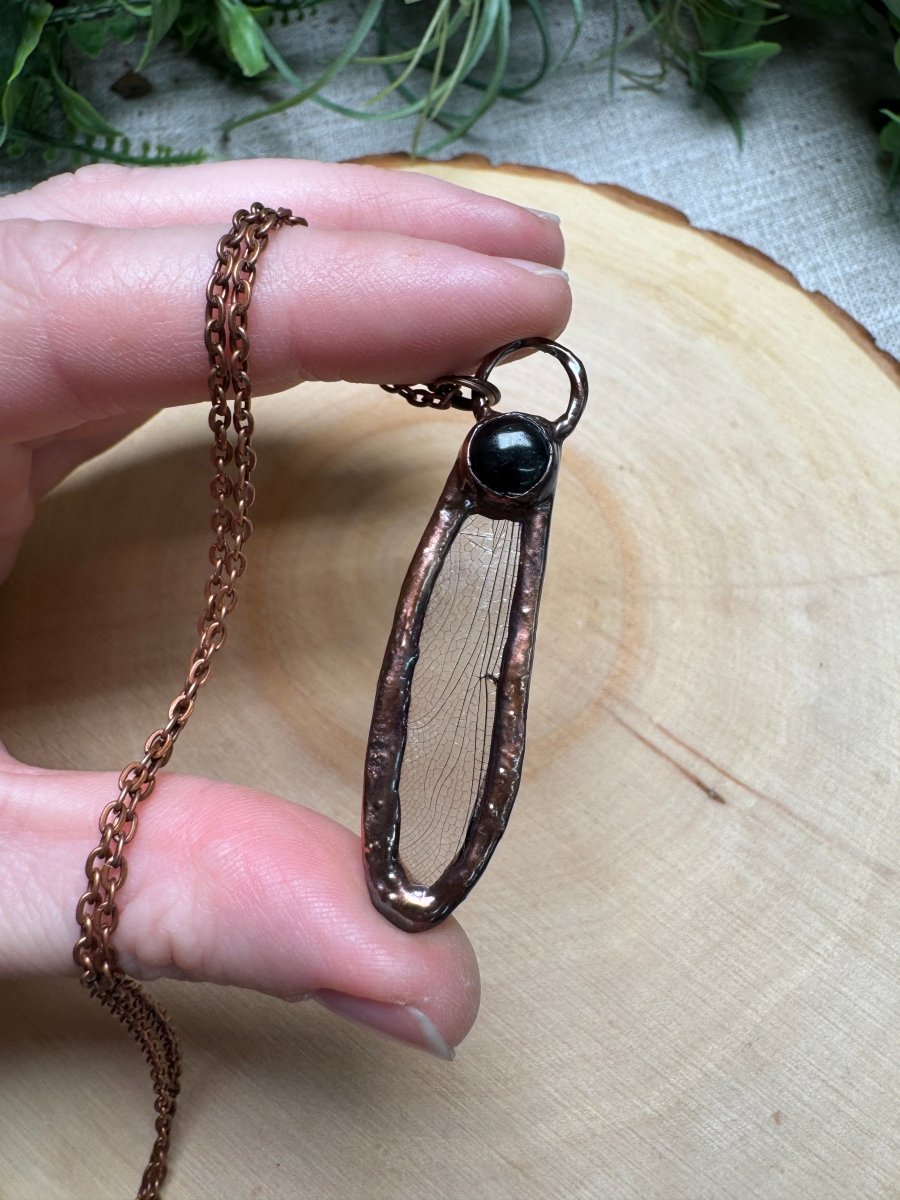 Dragonfly Wing and Obsidian Necklace detail view by Copper Ashes
