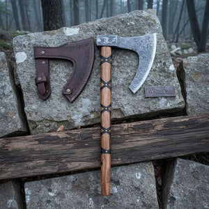 Handmade Damascus Skeggøx Bearded Axe with Leather Wrap and Sheath by JW SteelCrafts, leather knife sheath detail photo 2