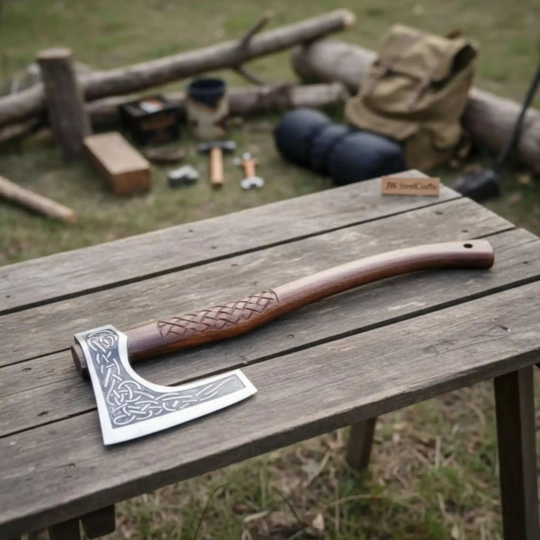 Hand-Forged Viking Bearded Camp Axe with Engraved Head and Leather Wrapped Handle by JW SteelCrafts, handmade axe main product photo
