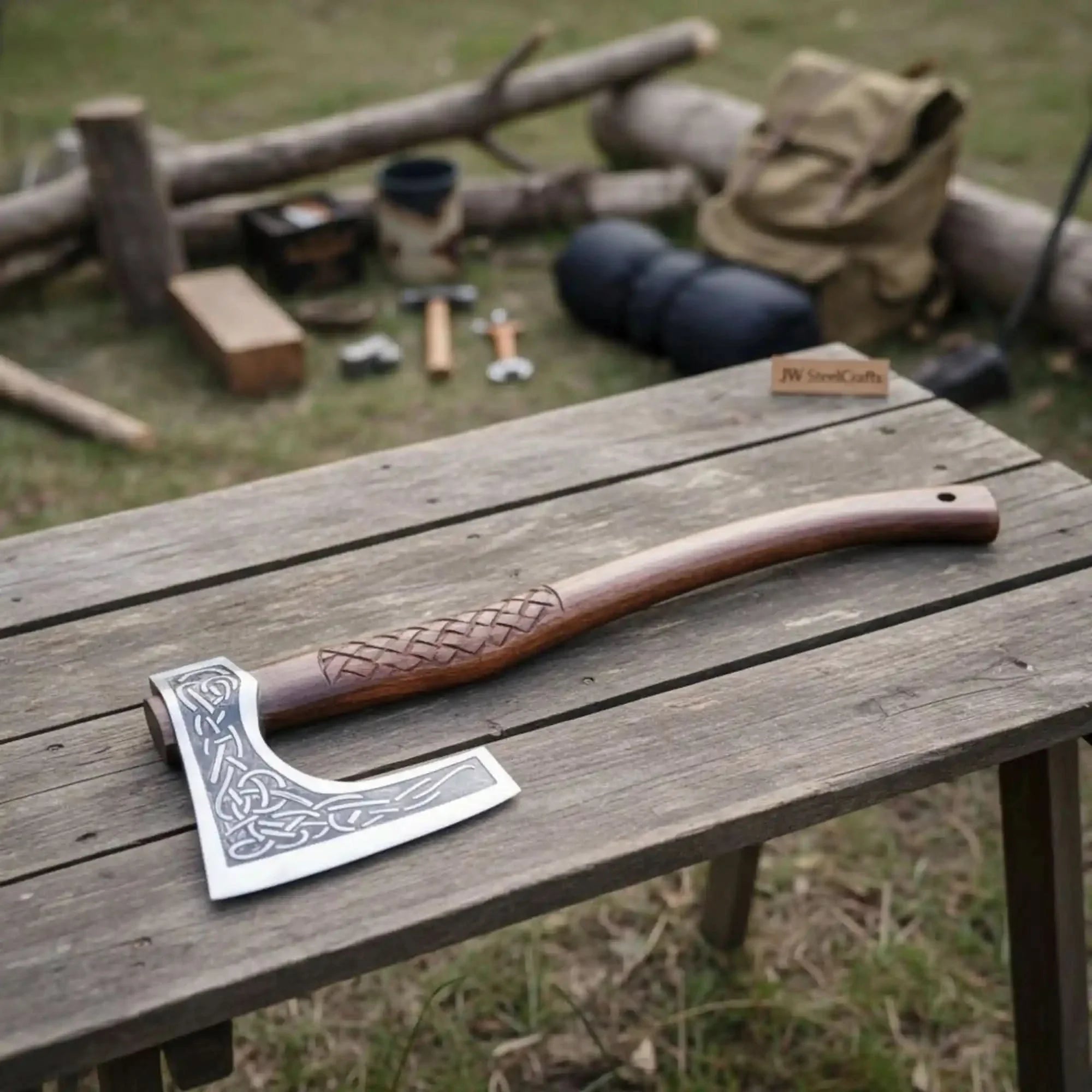 Hand-Forged Viking Bearded Camp Axe with Engraved Head and Leather Wrapped Handle by JW SteelCrafts, handmade axe main product photo