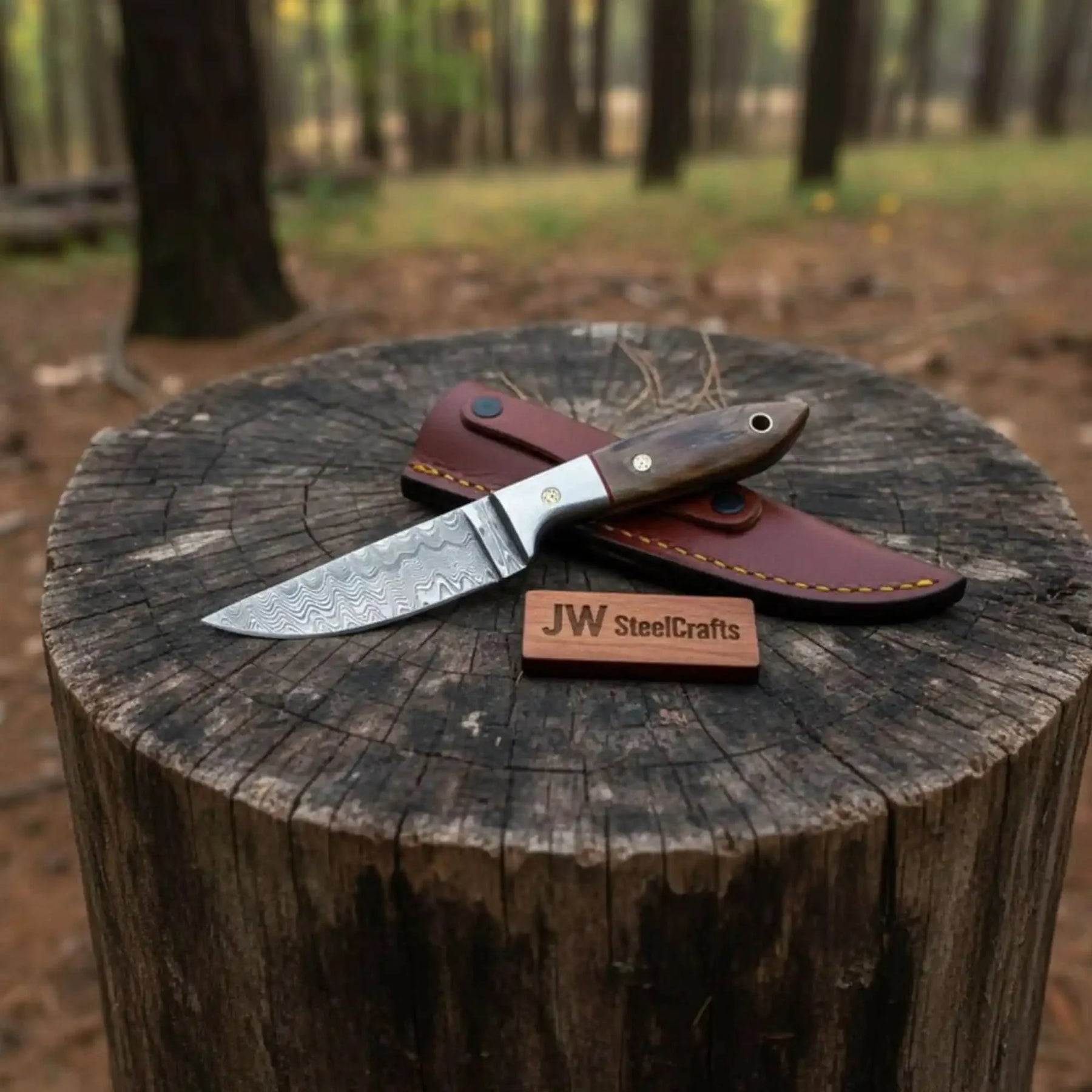 Small Damascus Utility Knife – Rosewood Handle With Leather Sheath by JW SteelCrafts, leather knife sheath main product photo