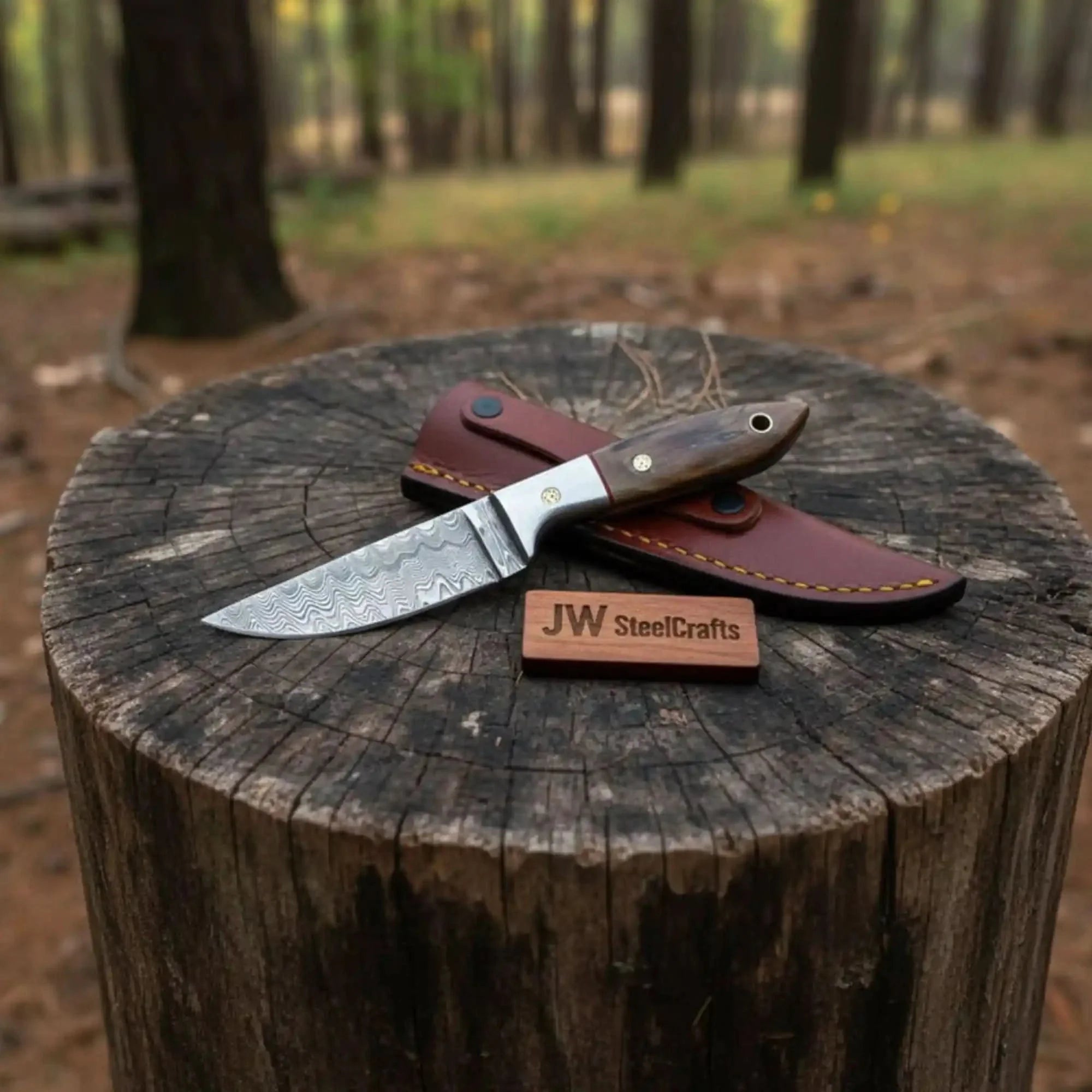 Small Damascus Utility Knife – Rosewood Handle With Leather Sheath by JW SteelCrafts, leather knife sheath main product photo