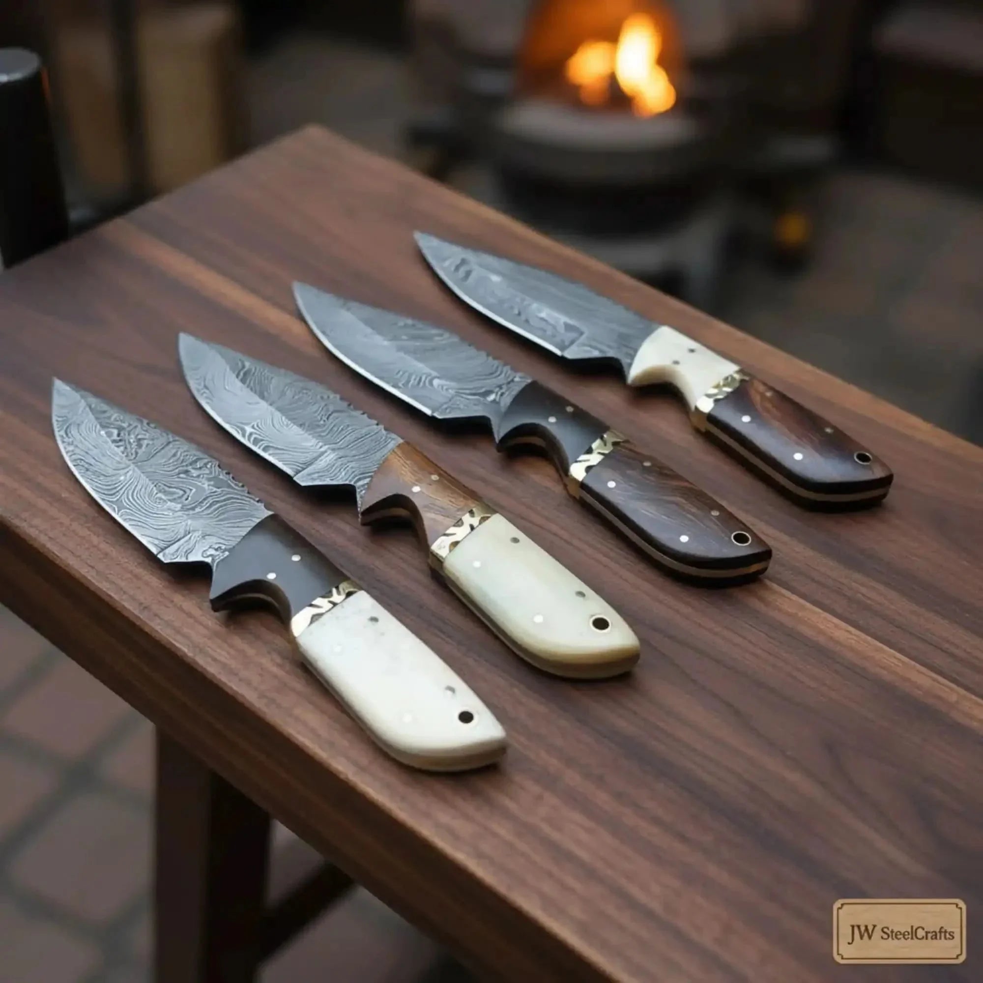 3.5” Drop point Skinner Knives Set of 4 Durable Mixed Handle Collection by JW SteelCrafts