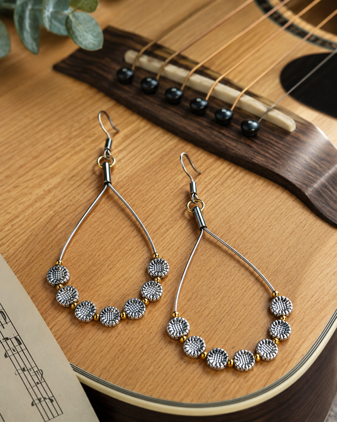 Silver and Gold Guitar String Hoop Earrings by N Harmony Jewelry, handmade jewelry detail photo 2